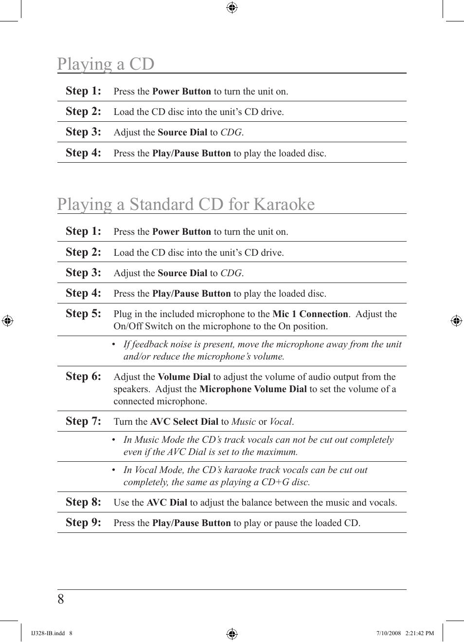 Playing a cd playing a standard cd for karaoke | iLive IJ328-IB User Manual | Page 8 / 20