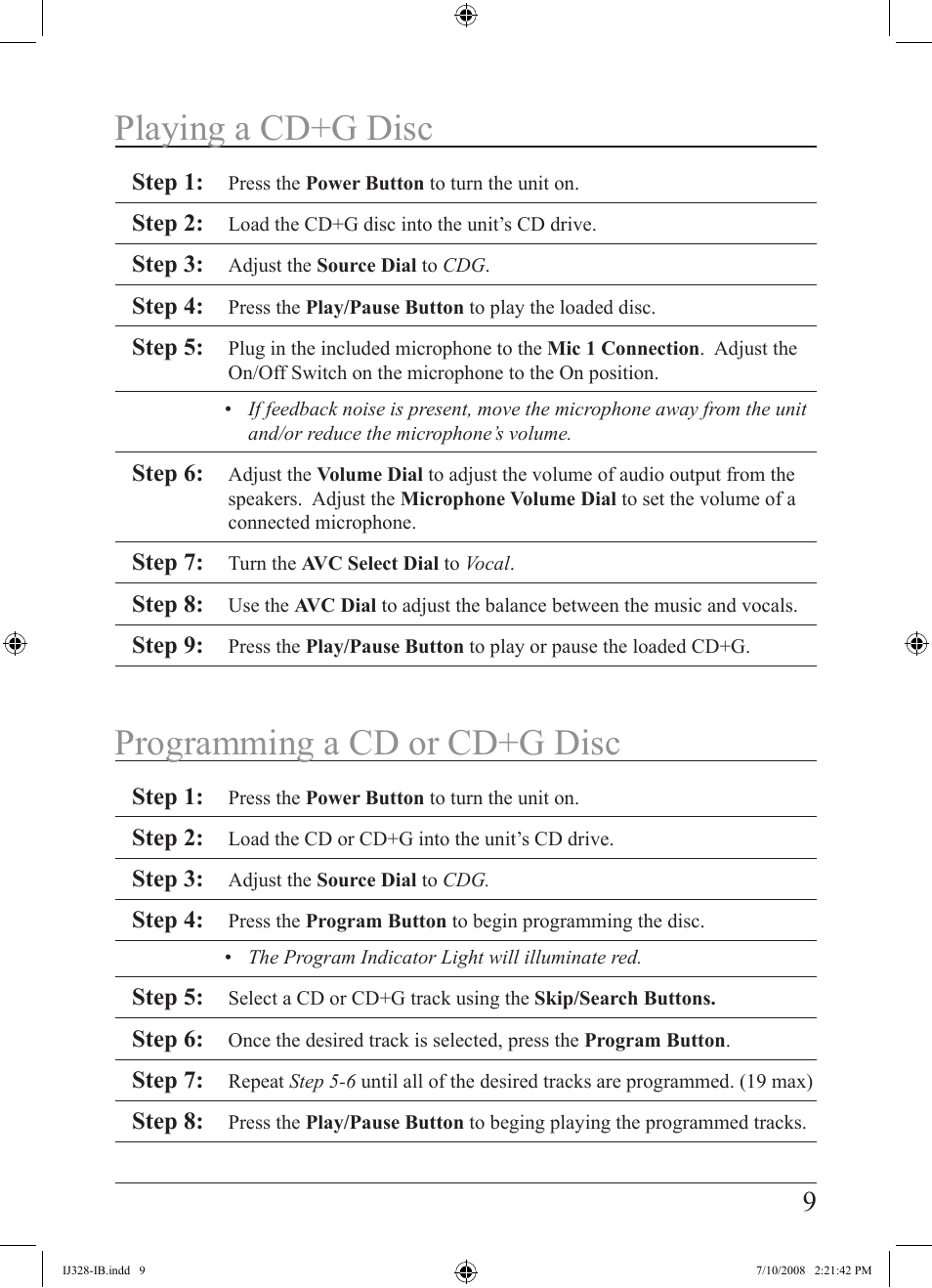 Playing a cd+g disc programming a cd or cd+g disc | iLive IJ328-IB User Manual | Page 9 / 20