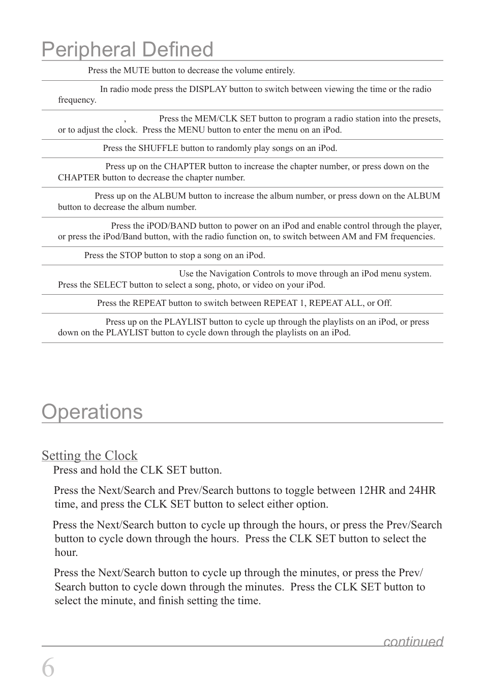 Peripheral defined, Operations, Setting the clock | Continued | iLive IC3 ICR6307DT User Manual | Page 6 / 8