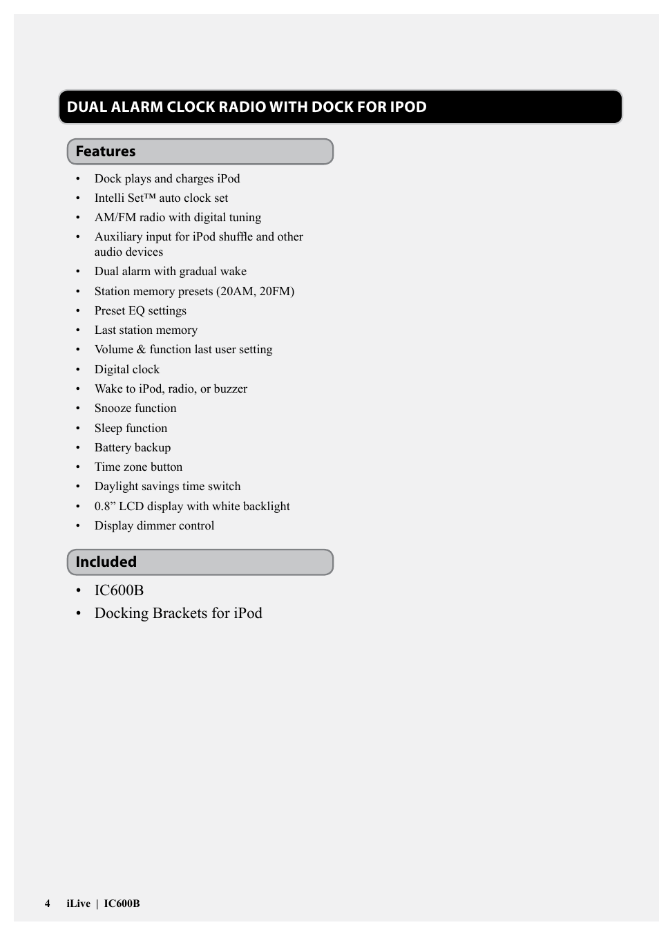 Features included | iLive INTELLI SET IC600B User Manual | Page 4 / 16