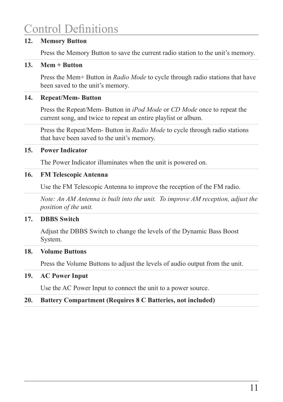 Control definitions | iLive IB319B-IB User Manual | Page 11 / 16