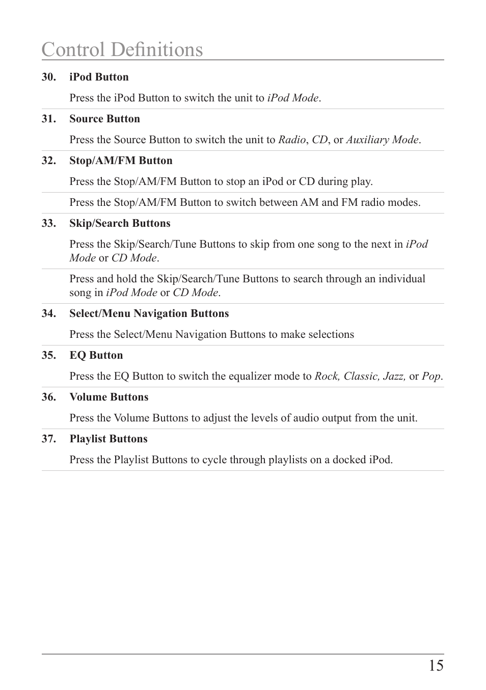 Control definitions | iLive IB319B-IB User Manual | Page 15 / 16