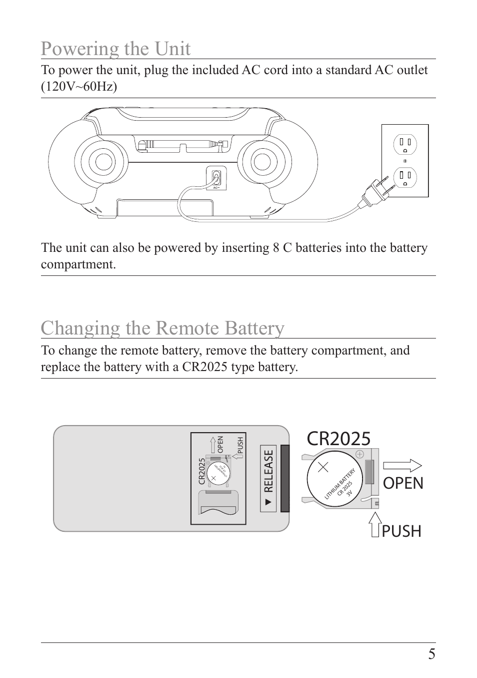 Powering the unit changing the remote battery, Cr2025, Push open | iLive IB319B-IB User Manual | Page 5 / 16