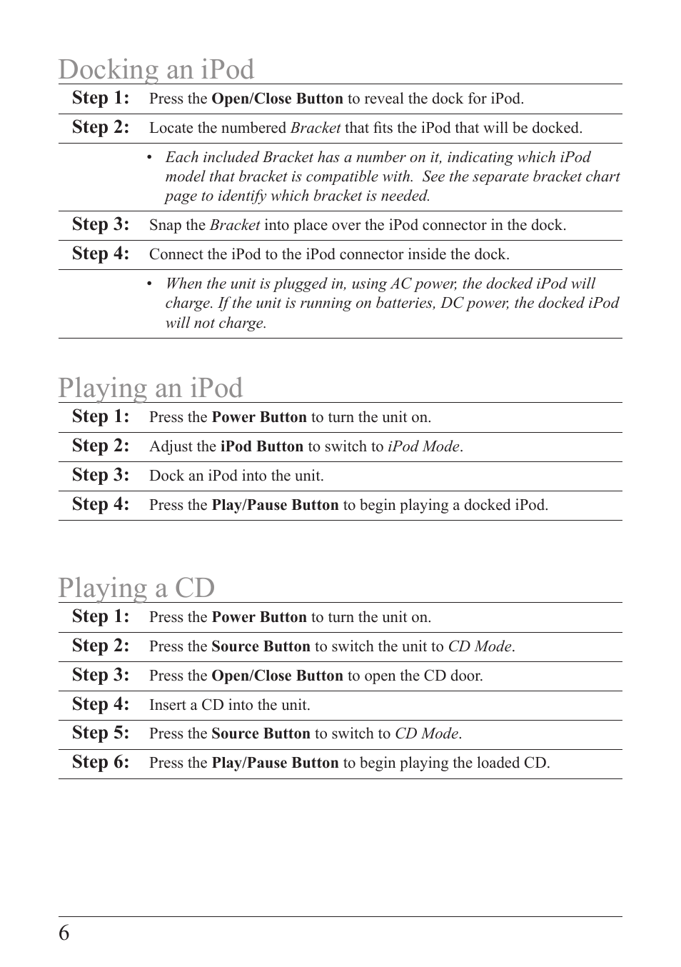 Playing a cd, Docking an ipod playing an ipod | iLive IB319B-IB User Manual | Page 6 / 16