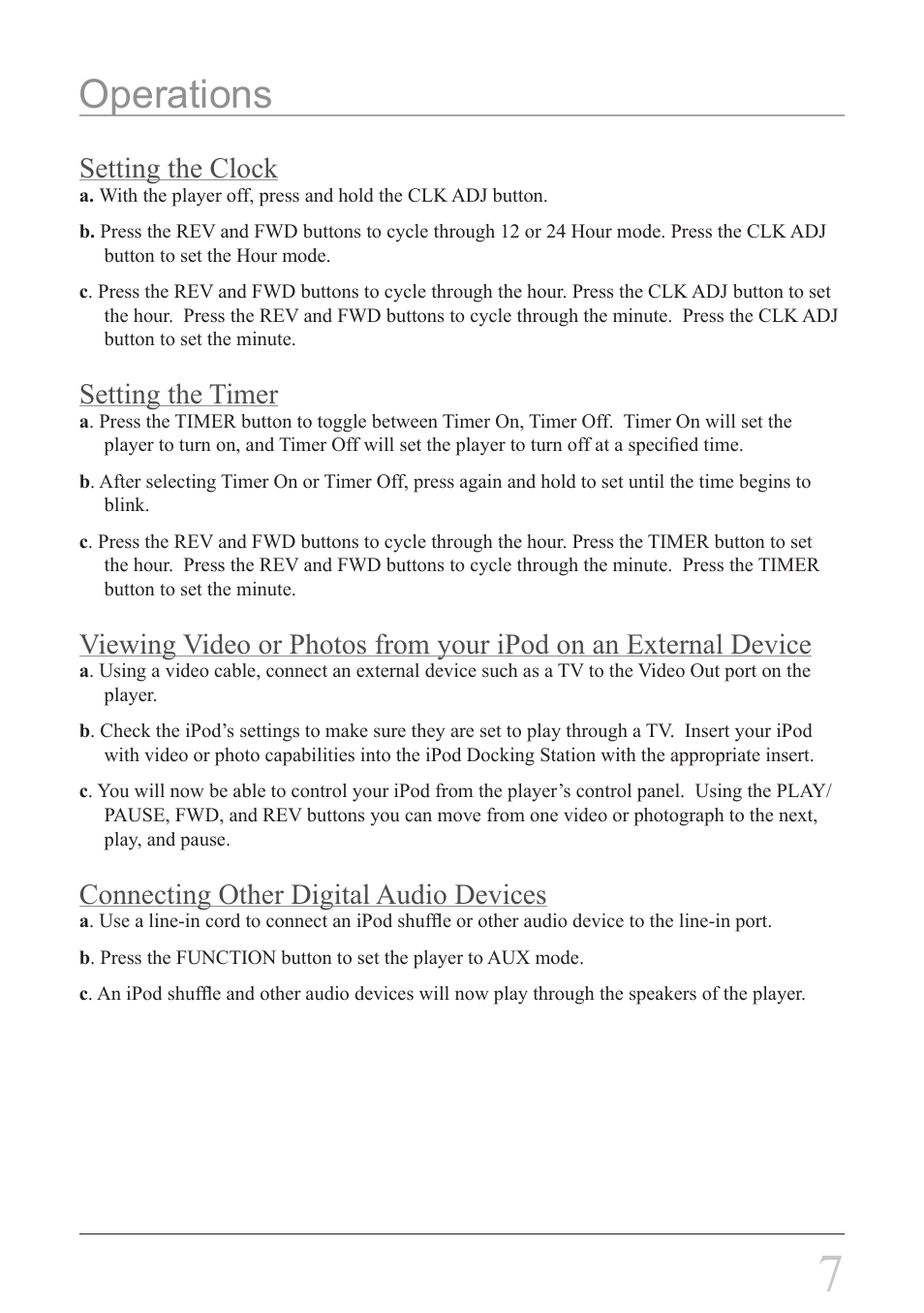 Operations, Setting the clock, Setting the timer | Connecting other digital audio devices | iLive IBCD3817DTBLK User Manual | Page 7 / 8
