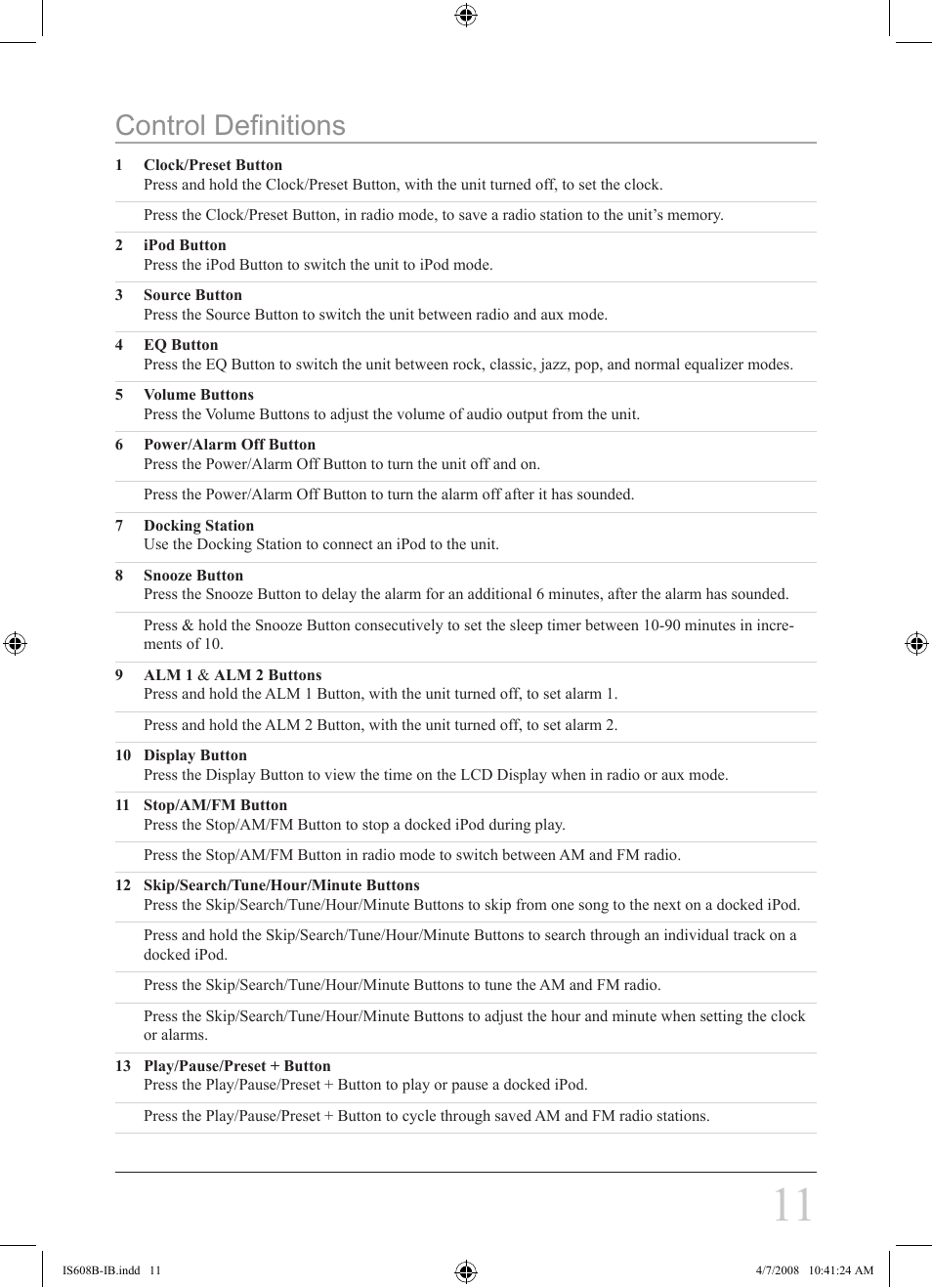 Control definitions | iLive IS608B User Manual | Page 11 / 16