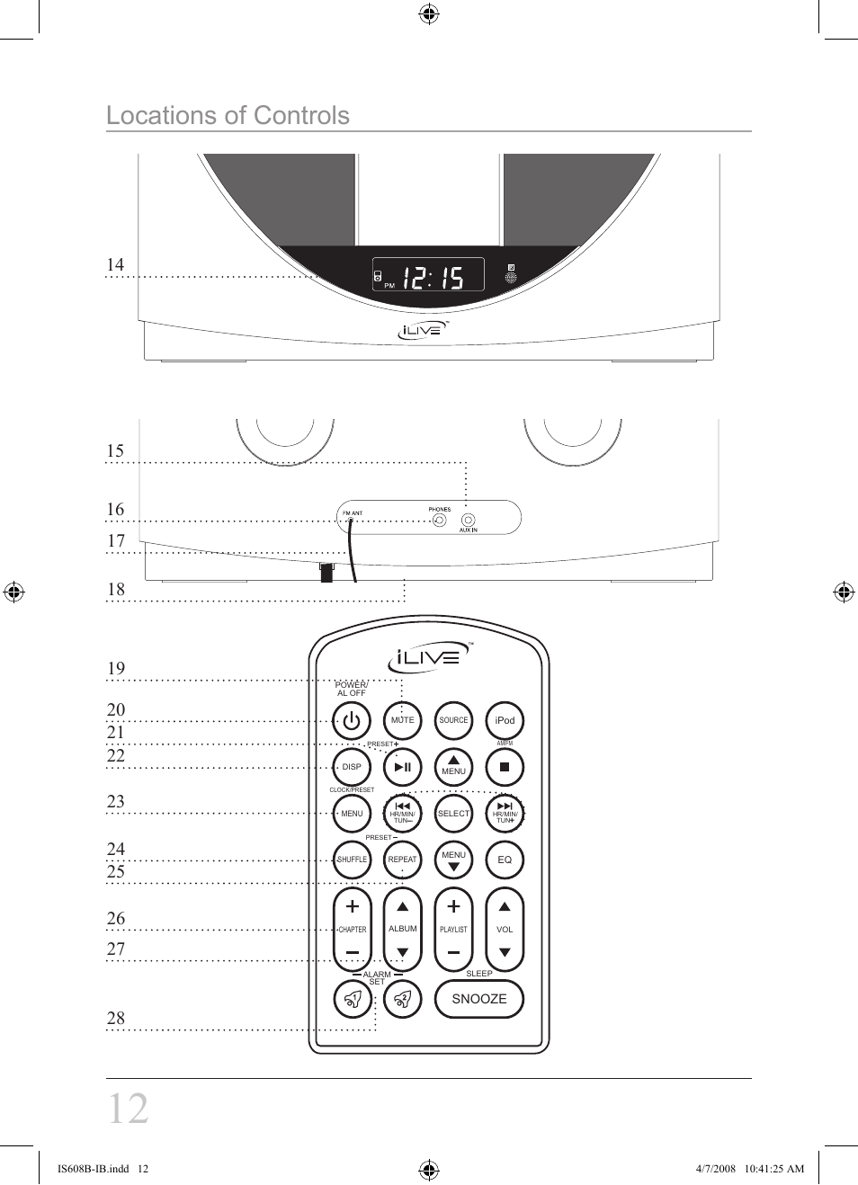 Locations of controls | iLive IS608B User Manual | Page 12 / 16