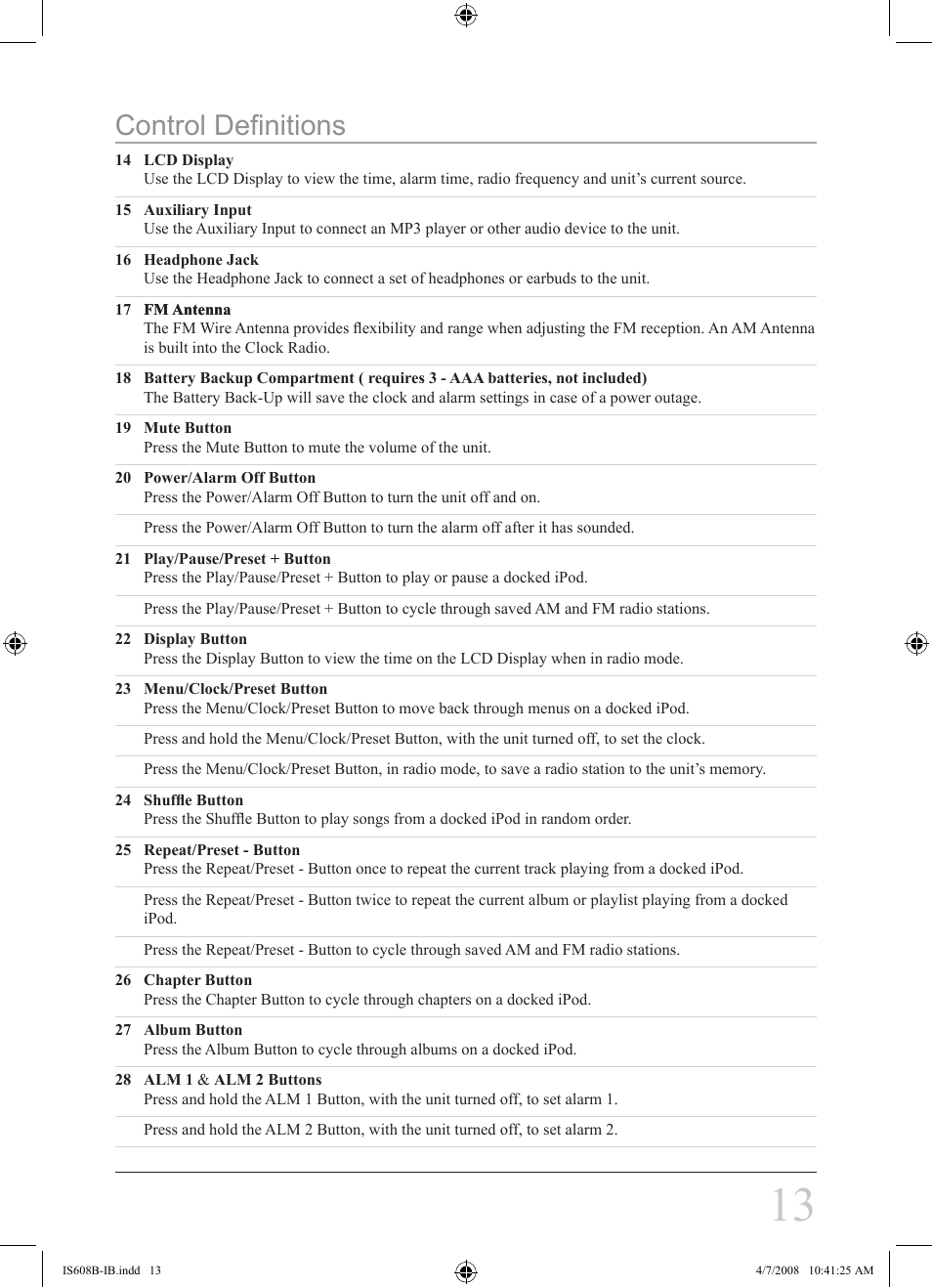 Control definitions | iLive IS608B User Manual | Page 13 / 16