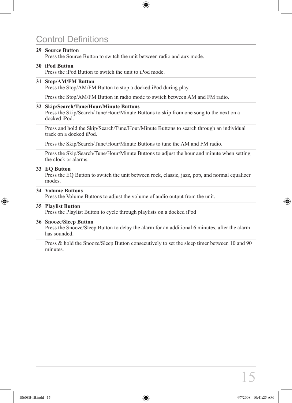 Control definitions | iLive IS608B User Manual | Page 15 / 16