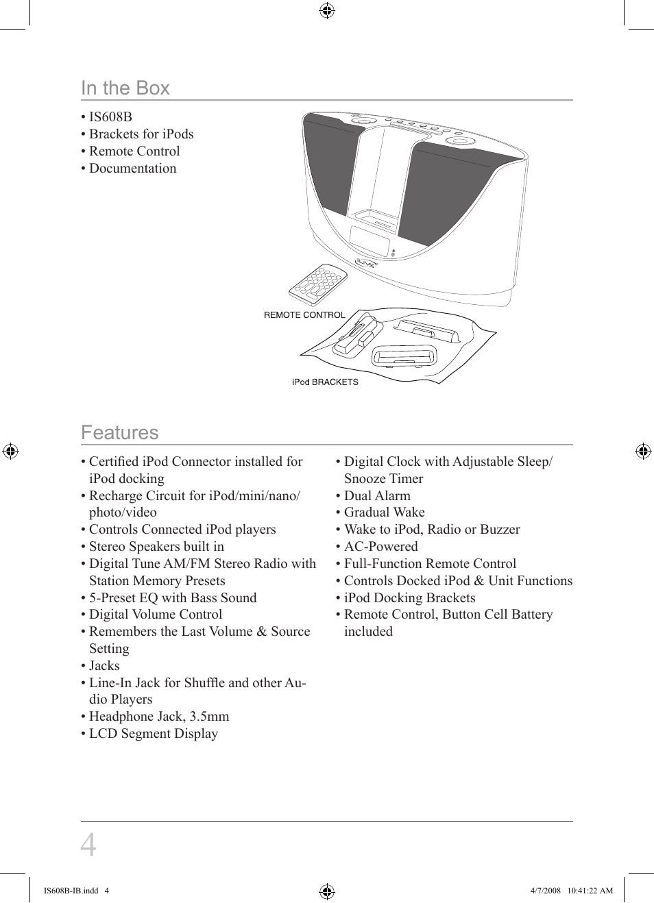 Features in the box | iLive IS608B User Manual | Page 4 / 16