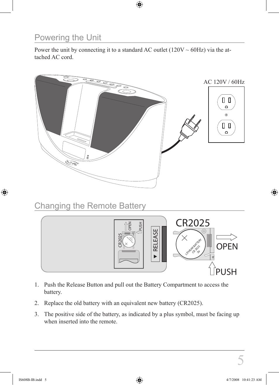 Cr2025, Push open, Powering the unit | Changing the remote battery | iLive IS608B User Manual | Page 5 / 16