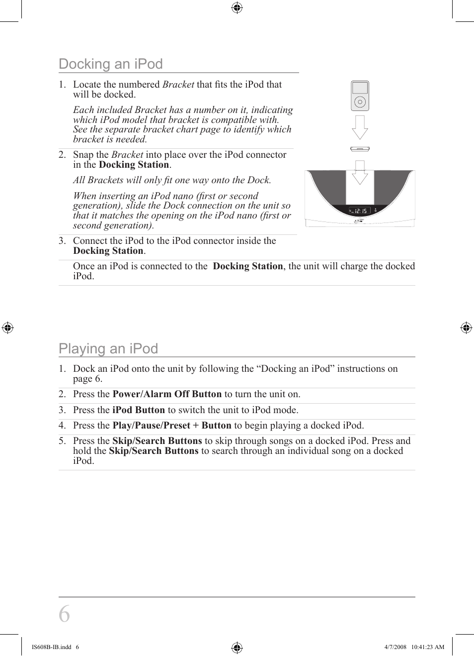 Docking an ipod, Playing an ipod | iLive IS608B User Manual | Page 6 / 16