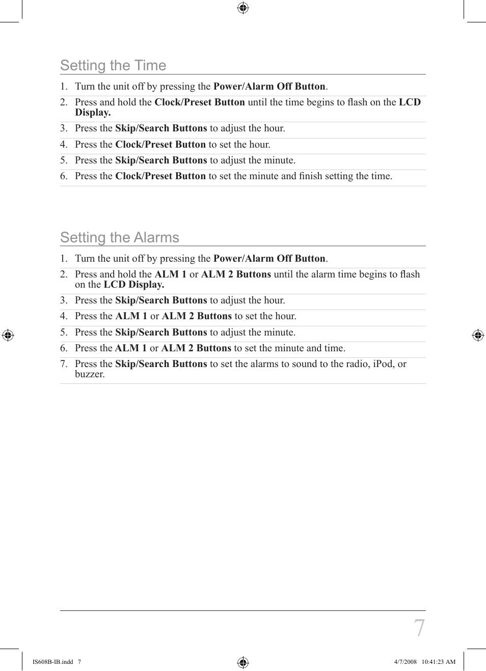 Setting the time, Setting the alarms | iLive IS608B User Manual | Page 7 / 16