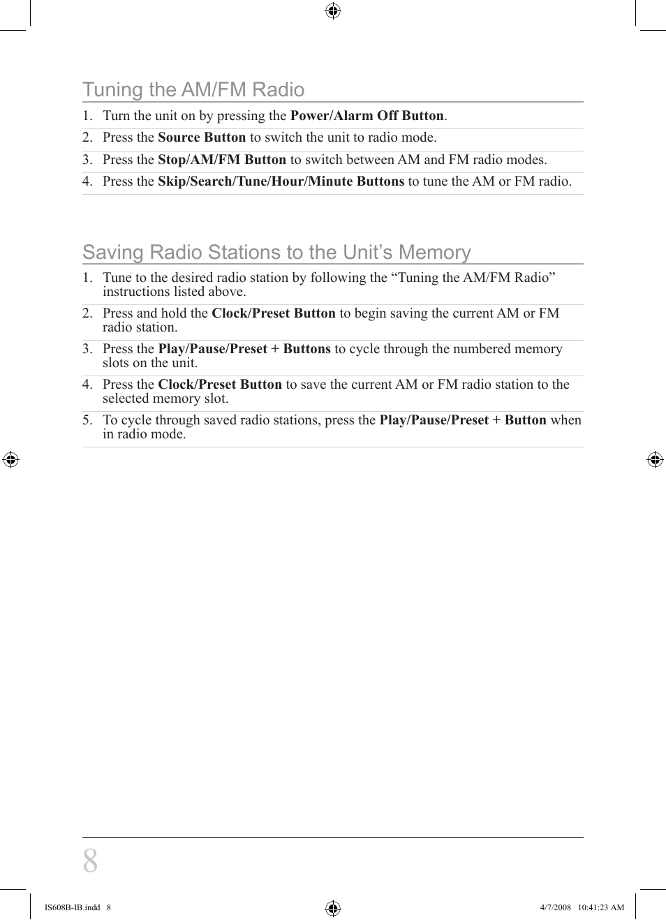 Tuning the am/fm radio | iLive IS608B User Manual | Page 8 / 16