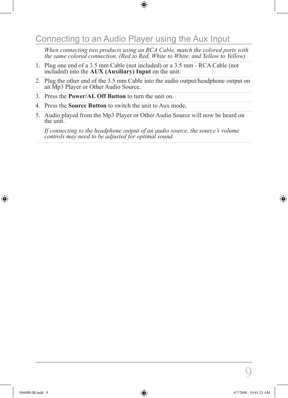 Connecting to an audio player using the aux input | iLive IS608B User Manual | Page 9 / 16