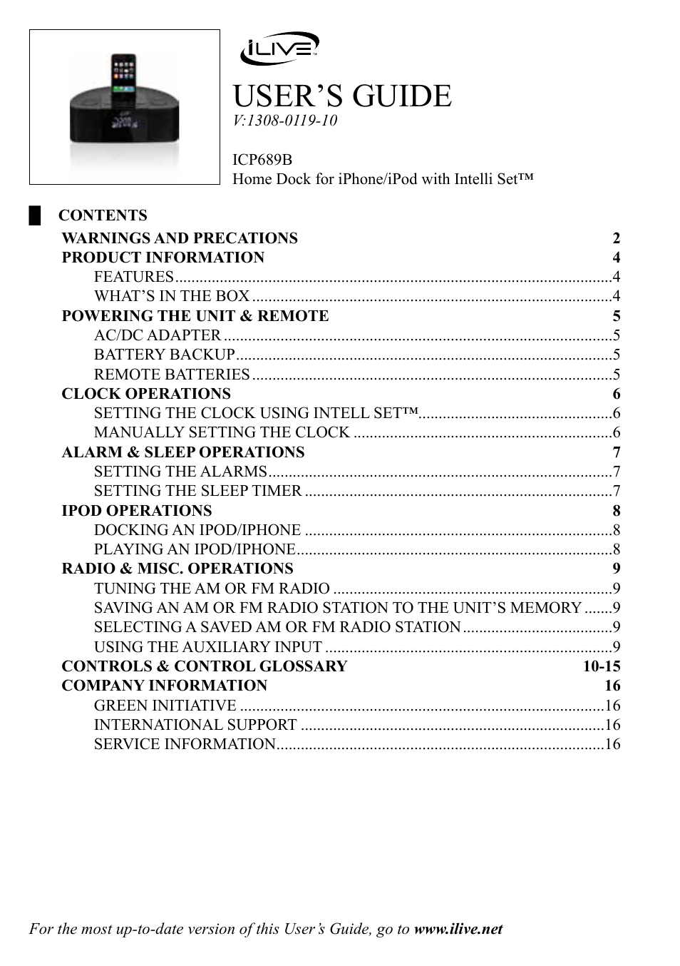 iLive Home Dock for iPhone/iPod with Intelli Set ICP689B User Manual | 16 pages