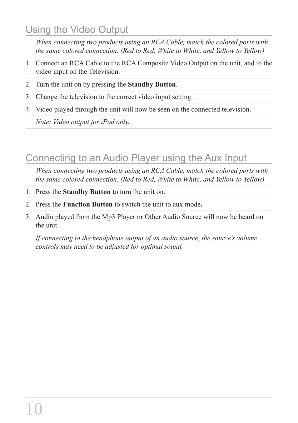 Connecting to an audio player using the aux input, Using the video output | iLive IH328B User Manual | Page 10 / 20
