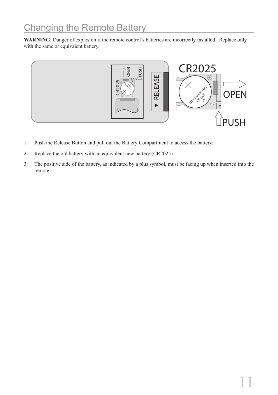 Cr2025, Push open, Changing the remote battery | iLive IH328B User Manual | Page 11 / 20