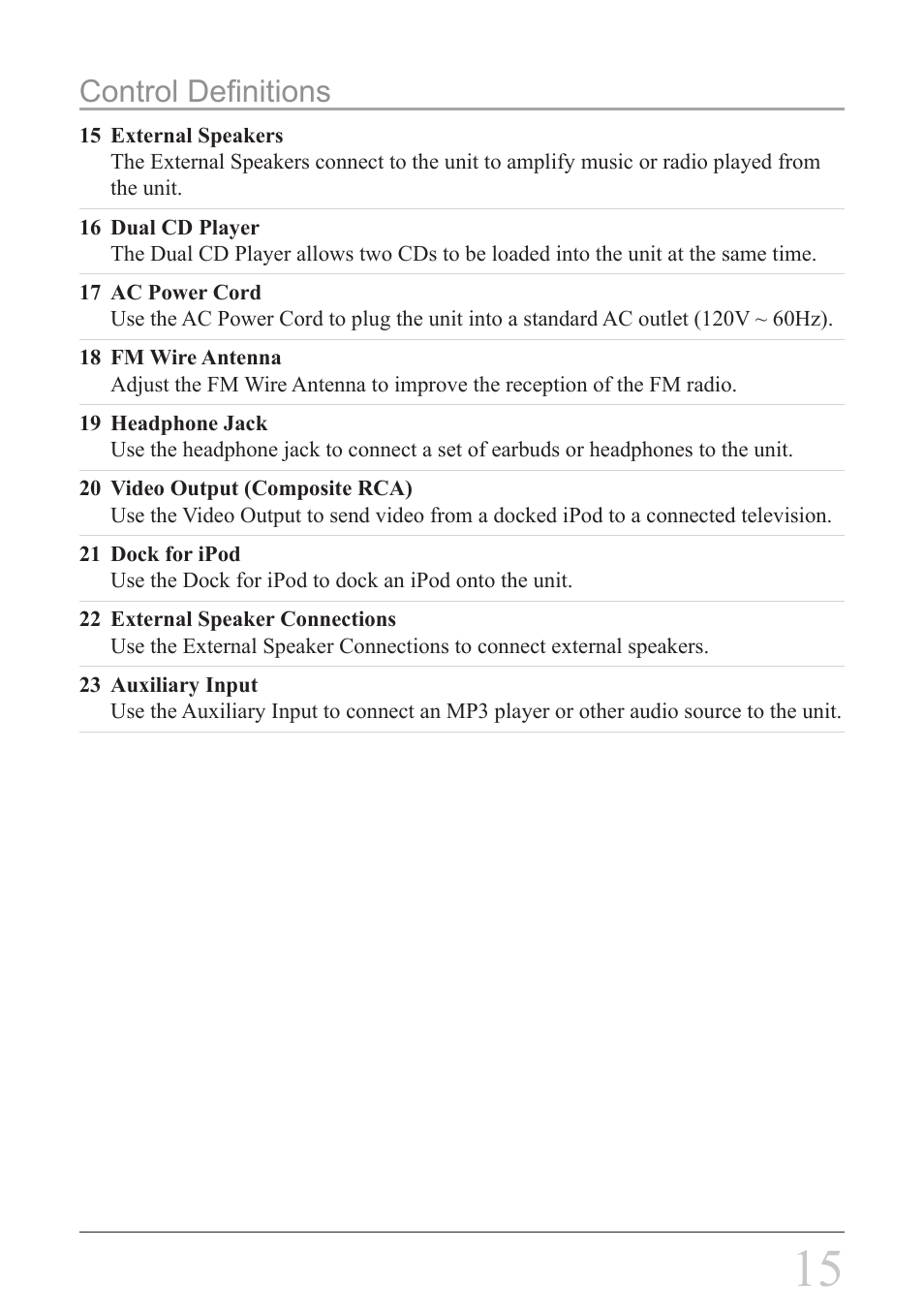 Control definitions | iLive IH328B User Manual | Page 15 / 20