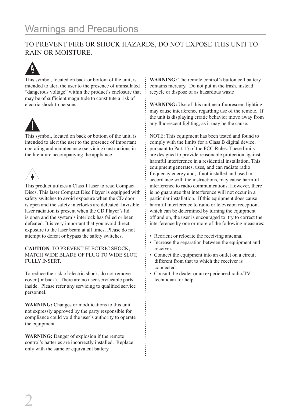 Warnings and precautions | iLive IH328B User Manual | Page 2 / 20