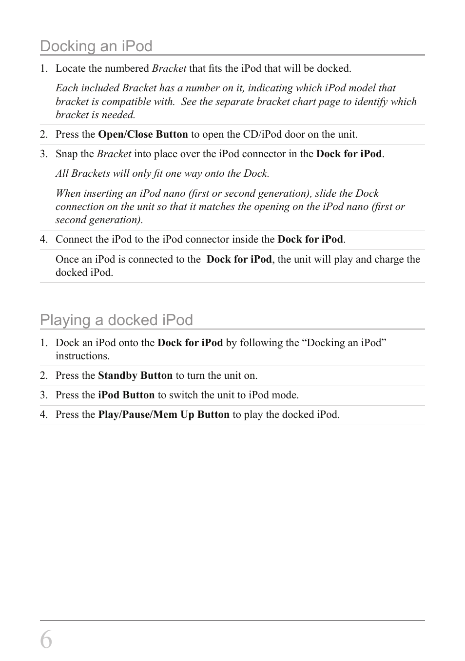 Docking an ipod, Playing a docked ipod | iLive IH328B User Manual | Page 6 / 20
