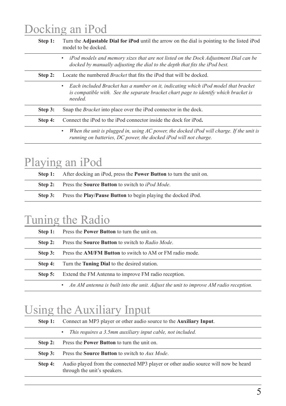 Docking an ipod, Playing an ipod, Tuning the radio | Using the auxiliary input | iLive IB209 User Manual | Page 5 / 8