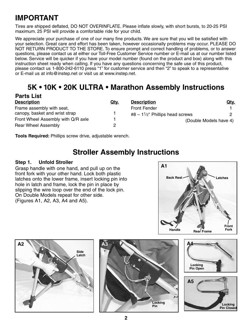 Important, Stroller assembly instructions, Parts list | InStep 5K User Manual | Page 2 / 6