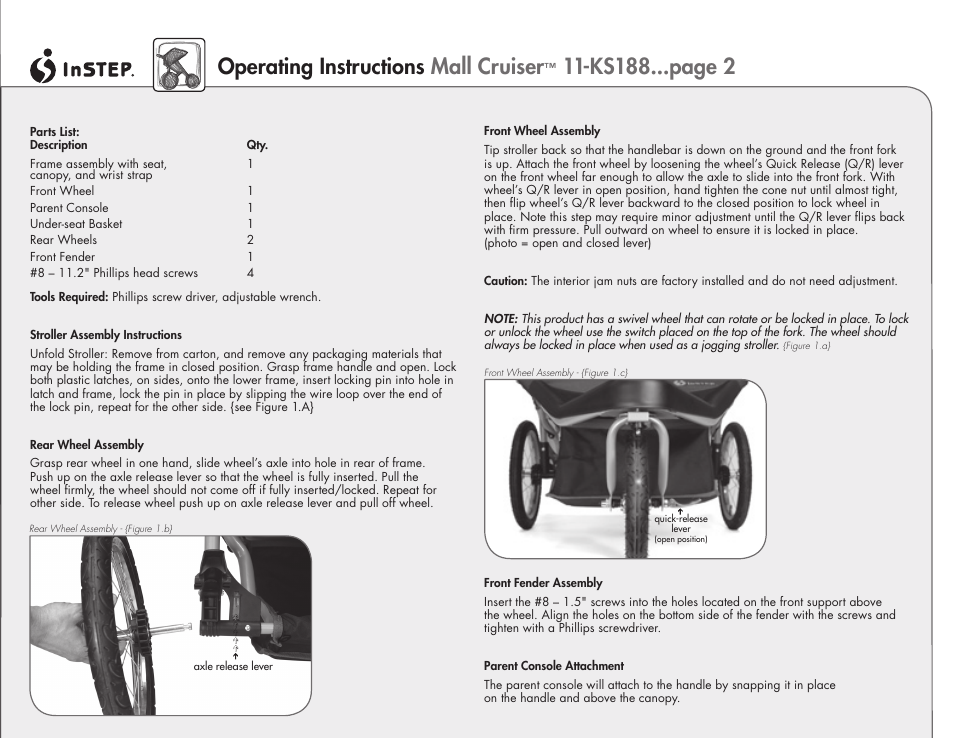 Operating instructions mall cruiser, Ks188...page 2 | InStep 11-KS188 User Manual | Page 2 / 4