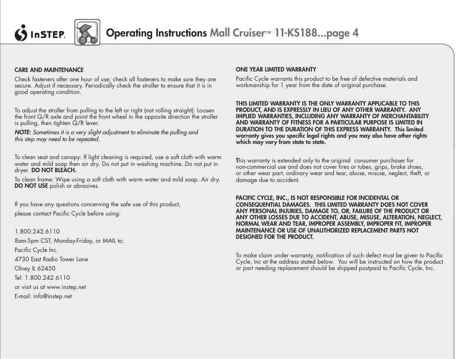 Operating instructions mall cruiser, Ks188...page 4 | InStep 11-KS188 User Manual | Page 4 / 4