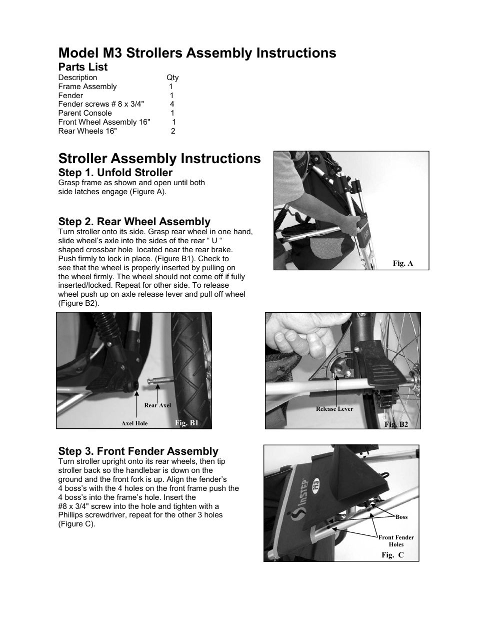 Model m3 strollers assembly instructions, Stroller assembly instructions, Step 2. rear wheel assembly | Parts list, Step 1. unfold stroller, Step 3. front fender assembly | InStep M3 User Manual | Page 2 / 6