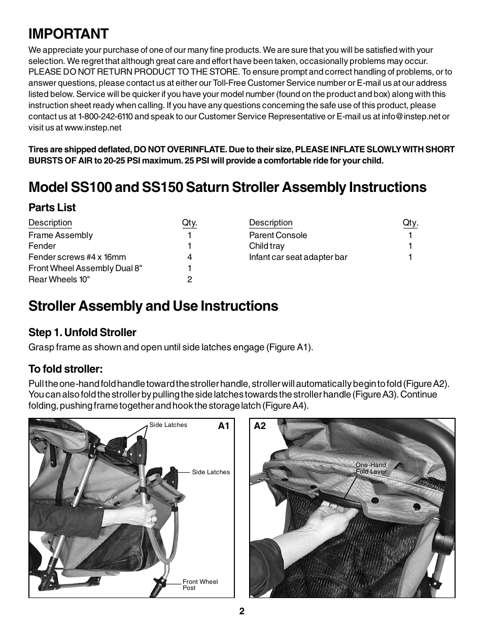 Important, Stroller assembly and use instructions | InStep SS150 User Manual | Page 2 / 8