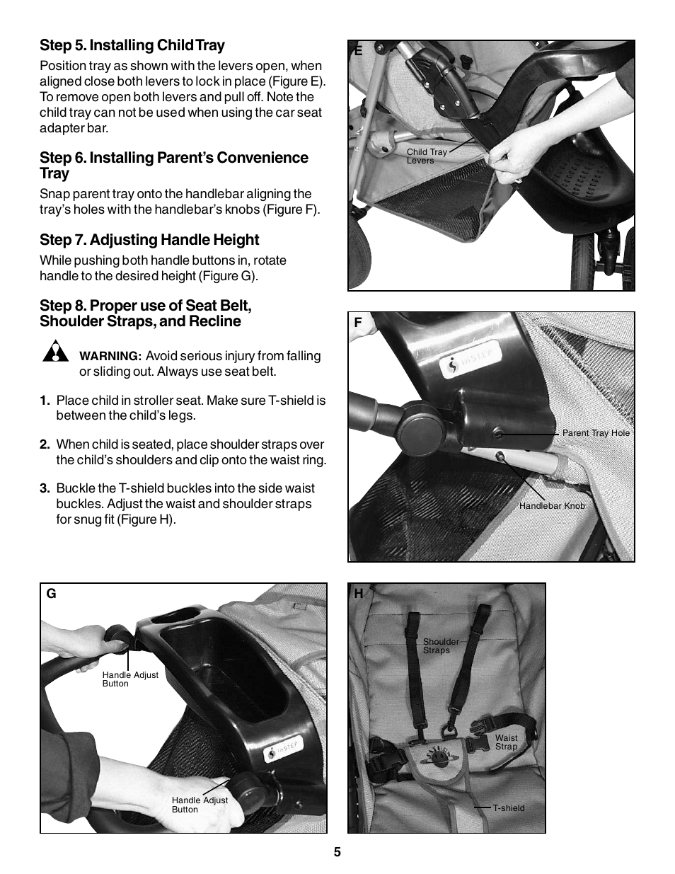 Step 5. installing child tray, Step 6. installing parent’s convenience tray, Step 7. adjusting handle height | InStep SS150 User Manual | Page 5 / 8