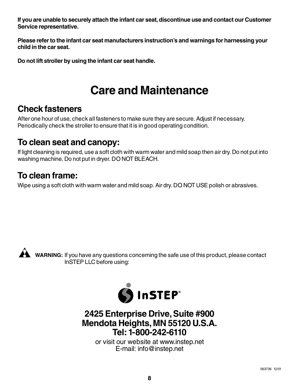 Care and maintenance, Check fasteners | InStep SS150 User Manual | Page 8 / 8