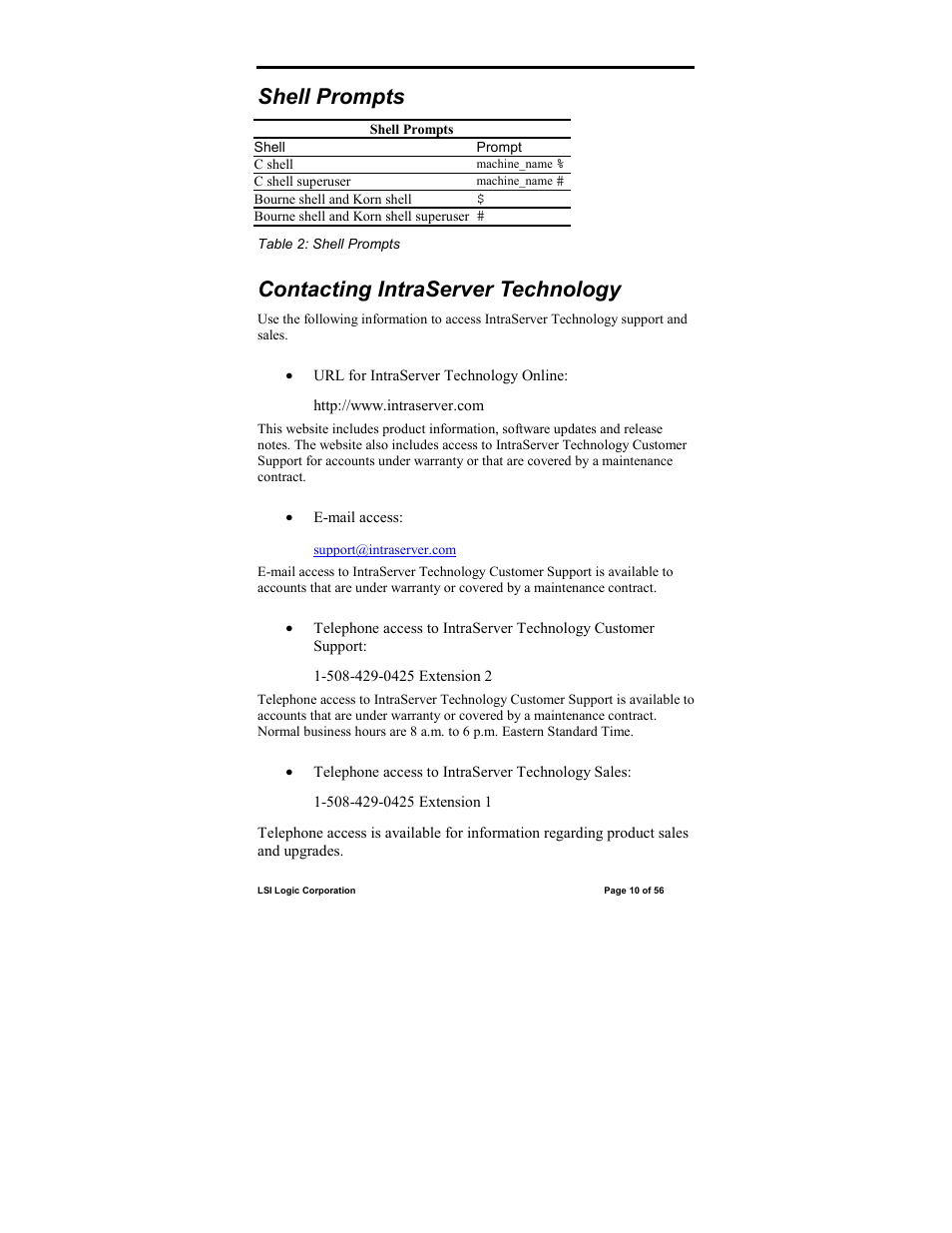 Shell prompts, Contacting intraserver technology | IntraServer Technology ITIpci 5100G/GF User Manual | Page 10 / 56