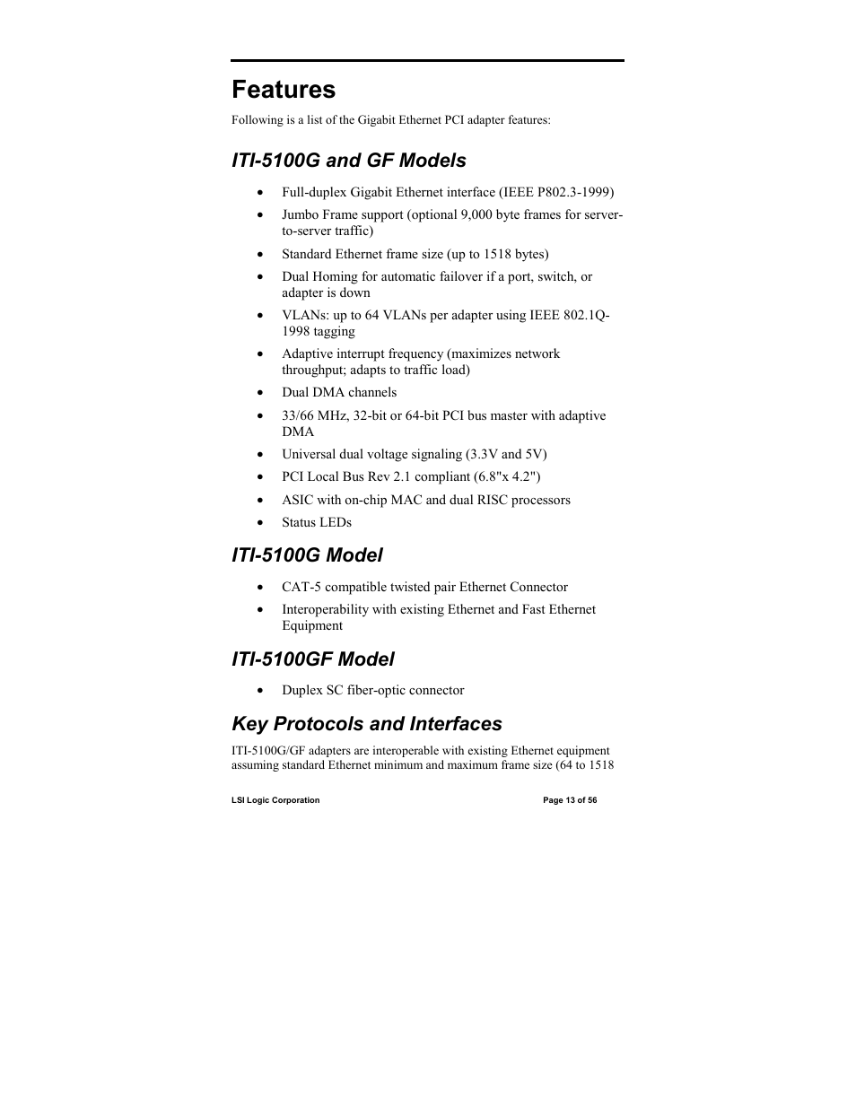 Features, Iti-5100g and gf models, Iti-5100g model | Iti-5100gf model, Key protocols and interfaces | IntraServer Technology ITIpci 5100G/GF User Manual | Page 13 / 56