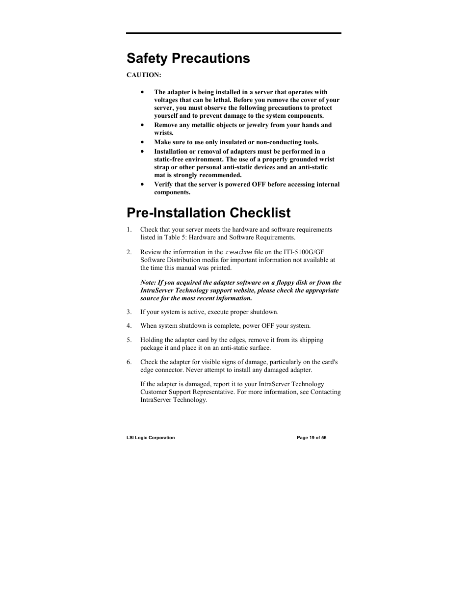 Safety precautions, Pre-installation checklist | IntraServer Technology ITIpci 5100G/GF User Manual | Page 19 / 56