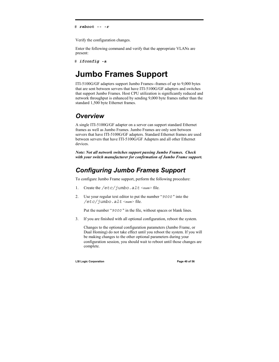 Jumbo frames support, Overview, Configuring jumbo frames support | IntraServer Technology ITIpci 5100G/GF User Manual | Page 40 / 56