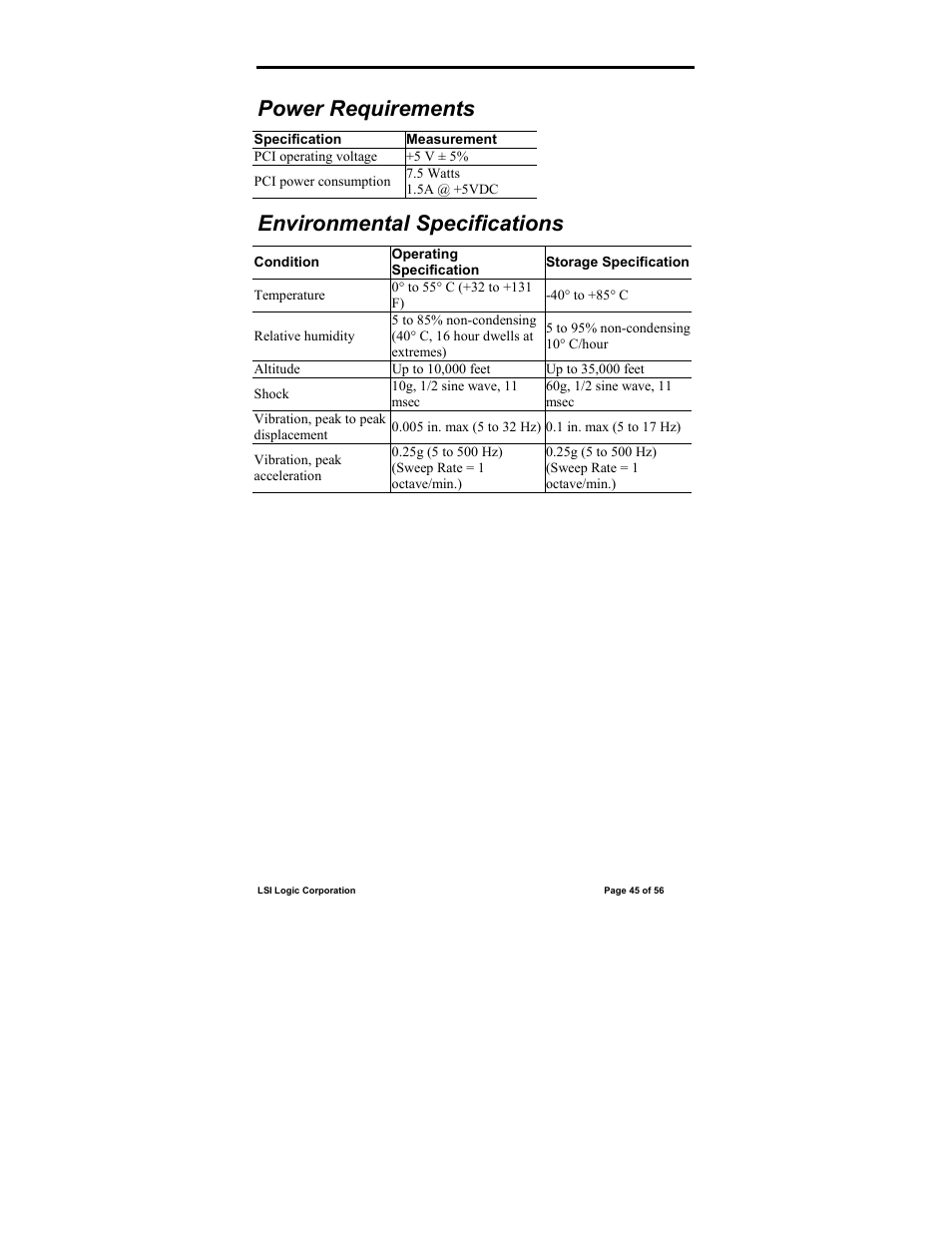 Power requirements, Environmental specifications | IntraServer Technology ITIpci 5100G/GF User Manual | Page 45 / 56