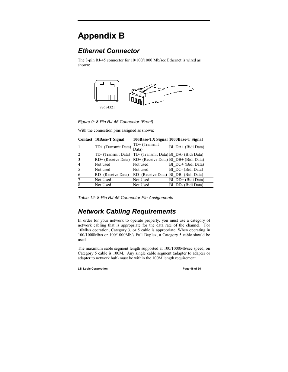 Appendix b, Network cabling requirements, Ethernet connector | IntraServer Technology ITIpci 5100G/GF User Manual | Page 46 / 56