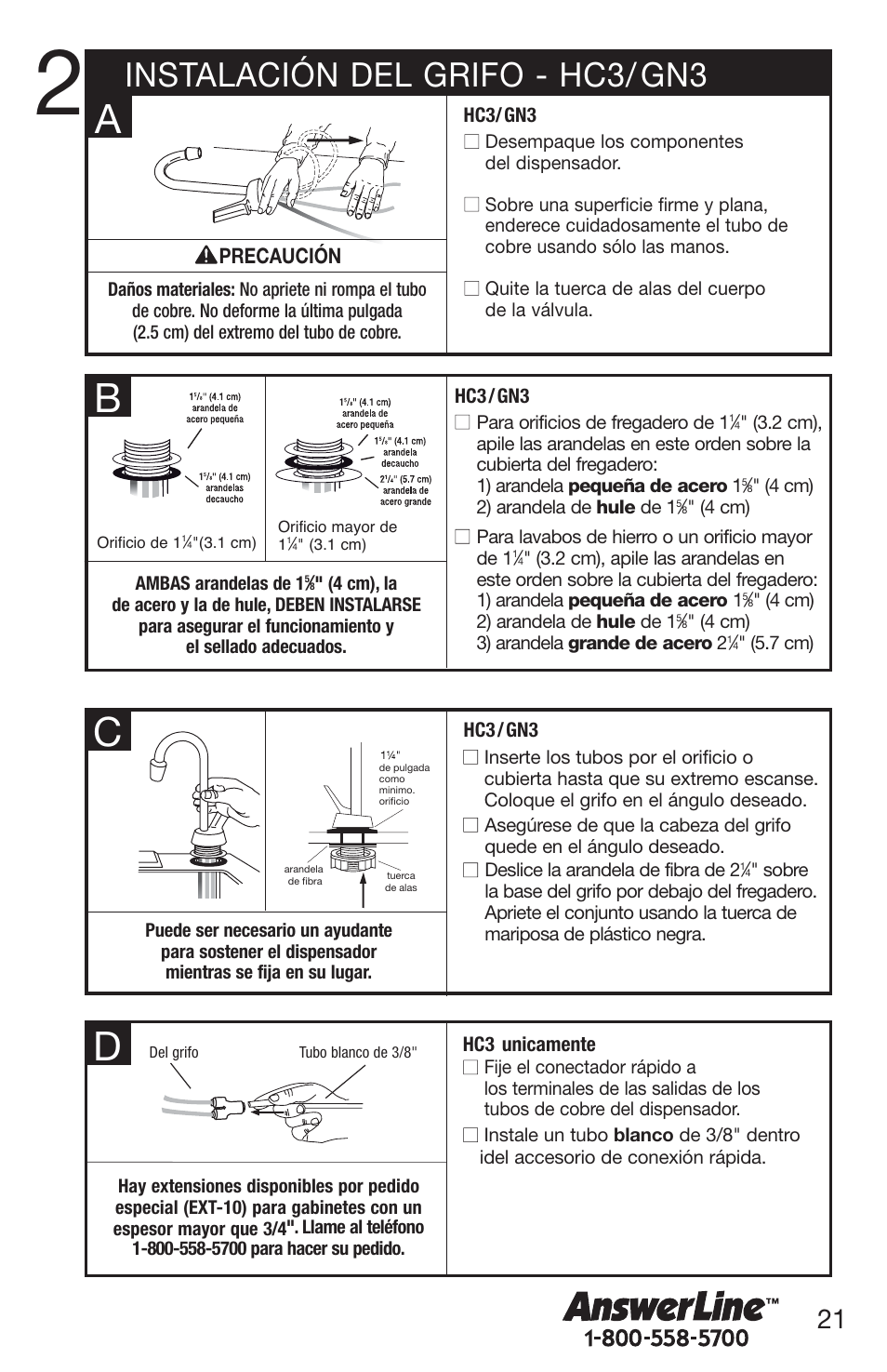 Ba c, Instalación del grifo - hc3/ gn3 | InSinkErator H770 User Manual | Page 21 / 43