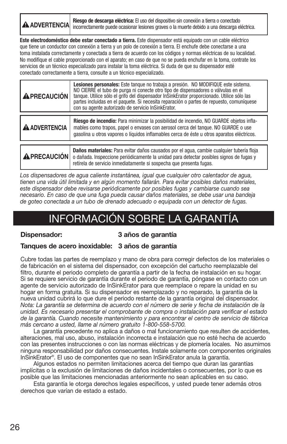 Información sobre la garantía | InSinkErator H770 User Manual | Page 26 / 43