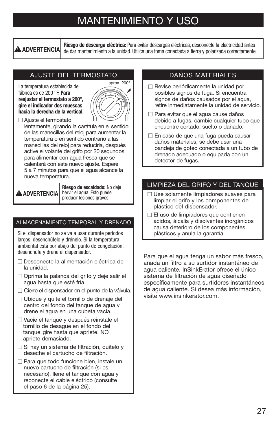 Mantenimiento y uso | InSinkErator H770 User Manual | Page 27 / 43