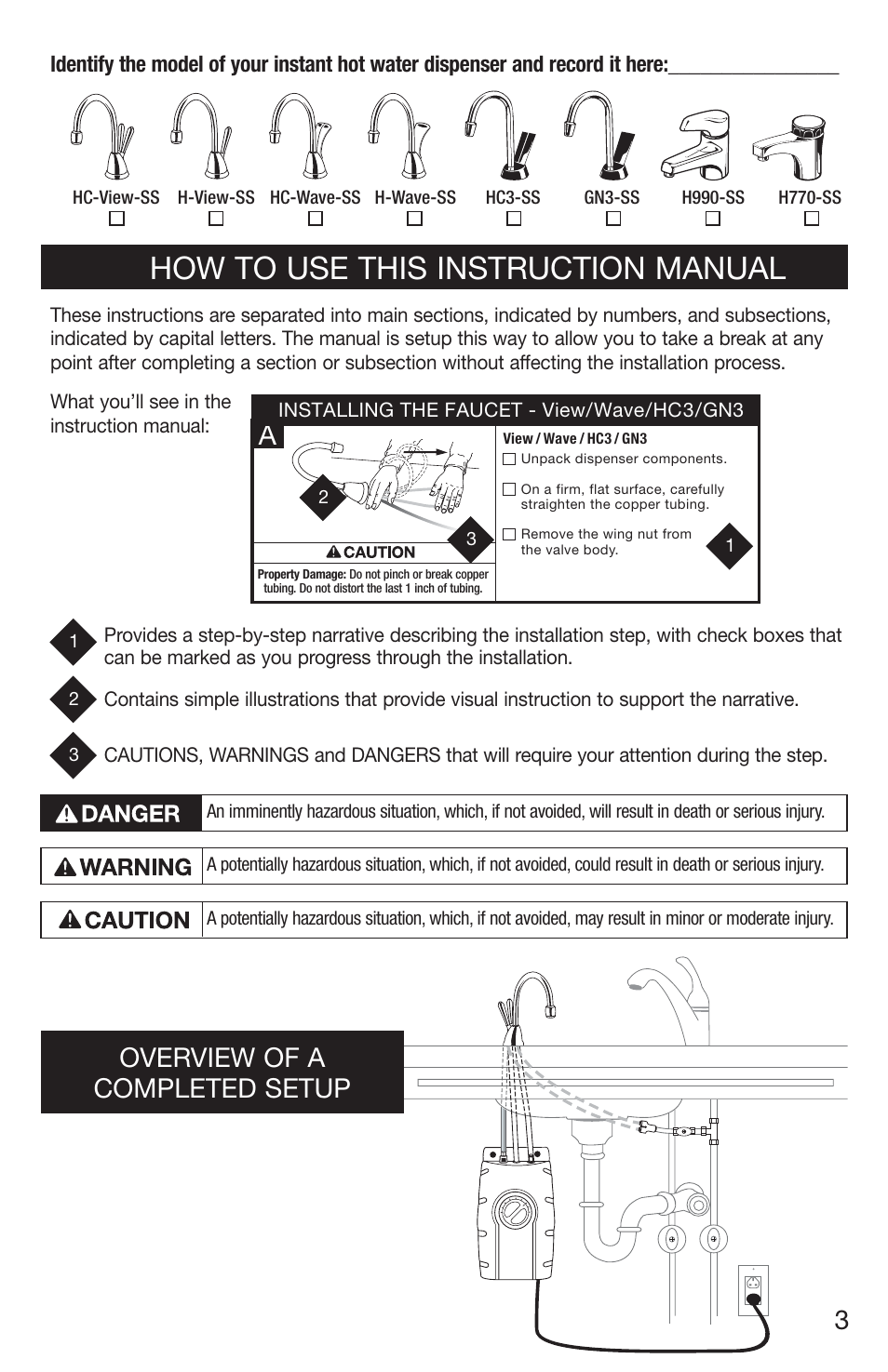 How to use this instruction manual, Overview of a completed setup | InSinkErator H770 User Manual | Page 3 / 43