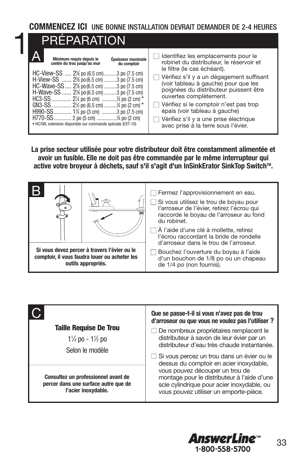 Préparation, Commencez ici, Taille requise de trou 1 | Po - 1, Po selon le modèle | InSinkErator H770 User Manual | Page 33 / 43