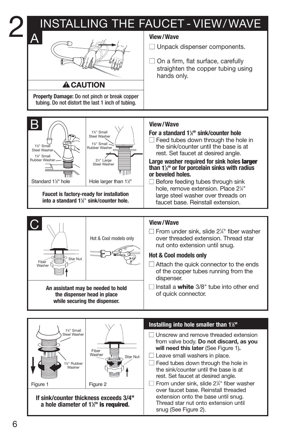 Installing the faucet - view/ wave, Unpack dispenser components, Hot & cool models only | Is required, View / wave, For a standard 1, Sink/counter hole, Large washer required for sink holes larger than 1 | InSinkErator H770 User Manual | Page 6 / 43