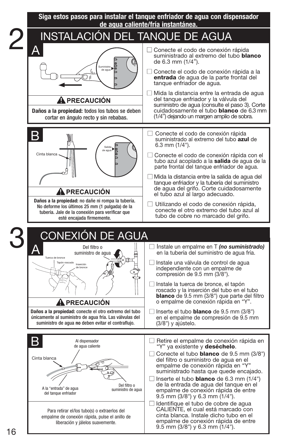 Conexión de agua, Instalación del tanque de agua | InSinkErator Chilled Water Tank & Cold Only Faucet CWT-00 User Manual | Page 16 / 24