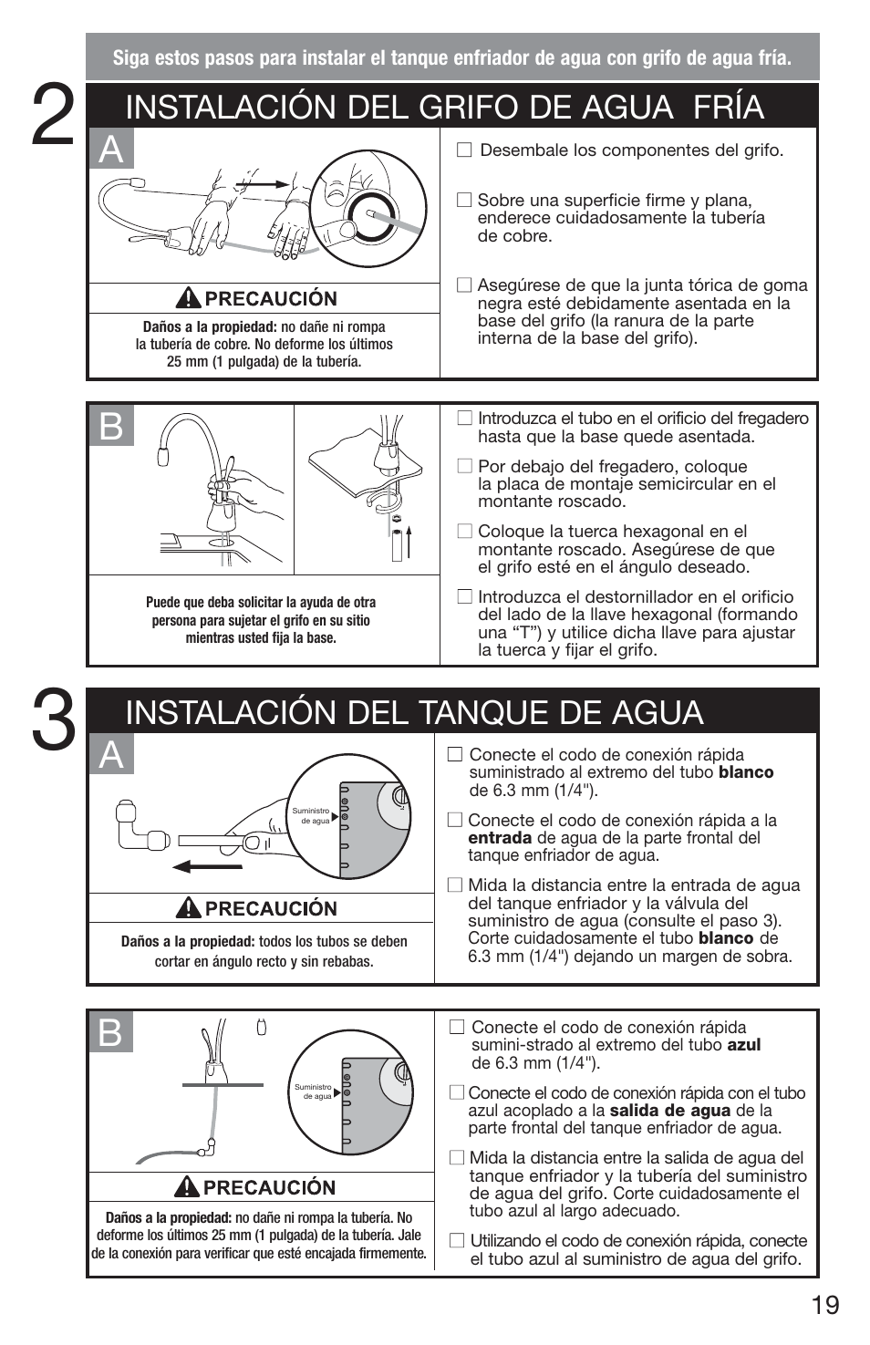 Ba a, Instalación del grifo de agua fría, Instalación del tanque de agua | InSinkErator Chilled Water Tank & Cold Only Faucet CWT-00 User Manual | Page 19 / 24
