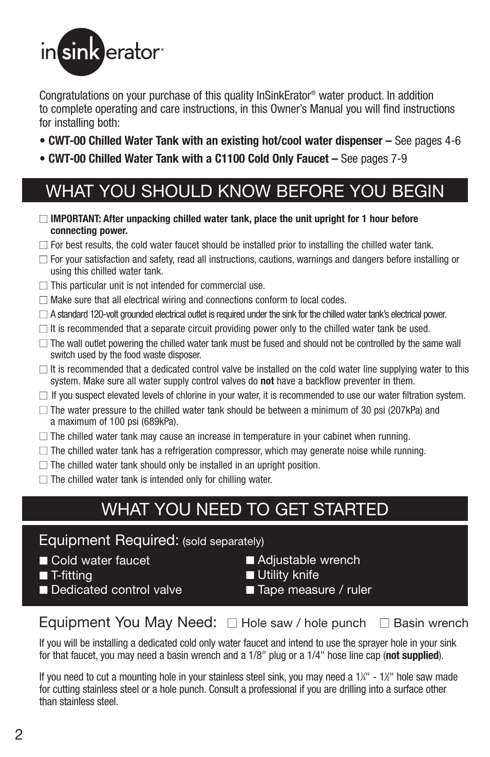 What you should know before you begin, What you need to get started, Equipment you may need | Equipment required | InSinkErator Chilled Water Tank & Cold Only Faucet CWT-00 User Manual | Page 2 / 24