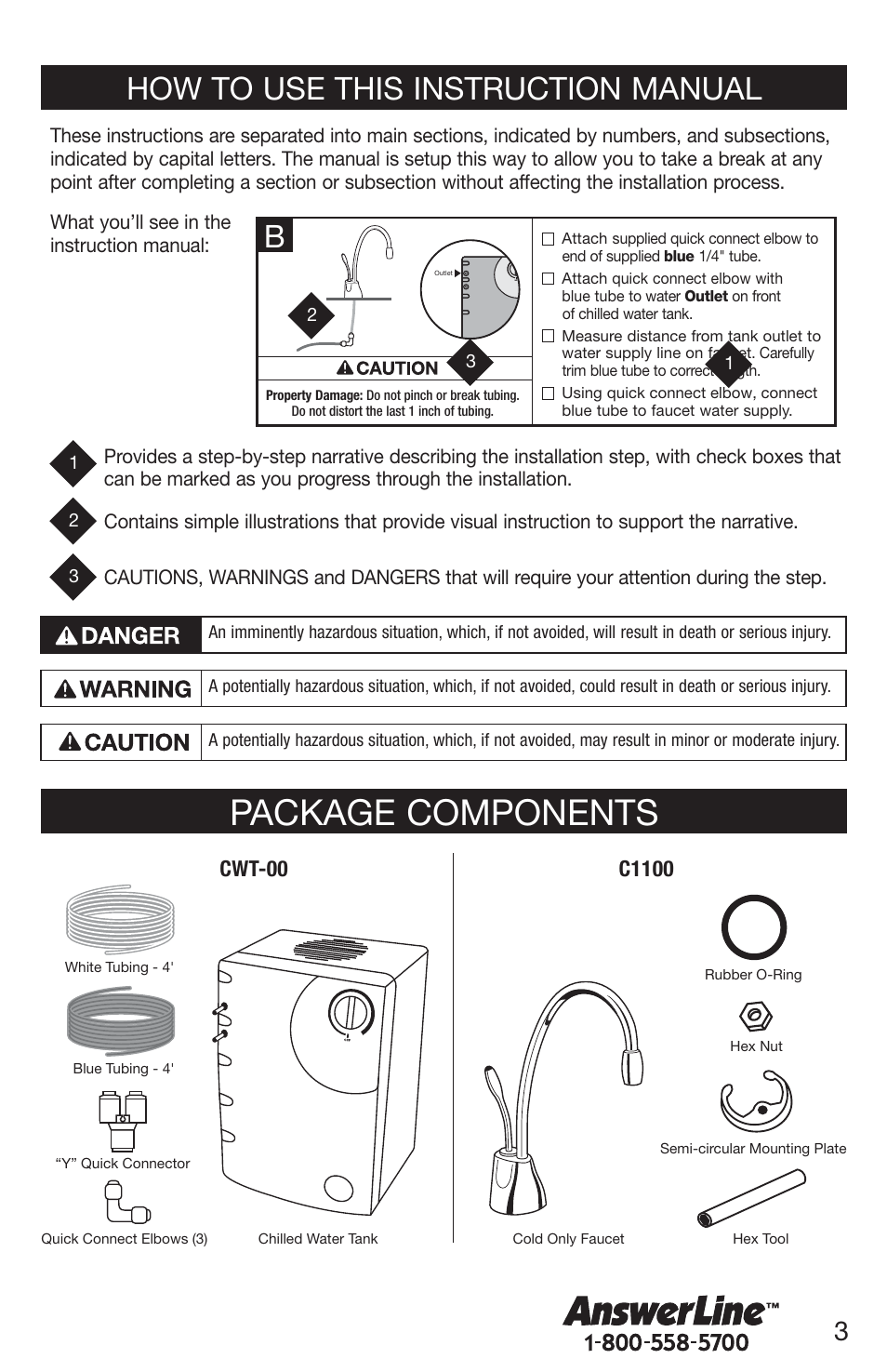 Package components, How to use this instruction manual | InSinkErator Chilled Water Tank & Cold Only Faucet CWT-00 User Manual | Page 3 / 24