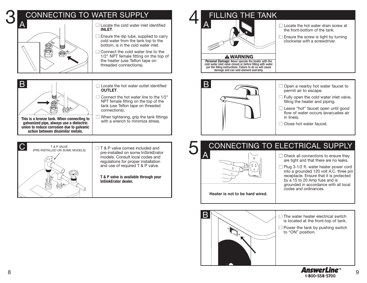Connecting to electrical supply, Filling the tank, Connecting to water supply | InSinkErator 152 User Manual | Page 5 / 8